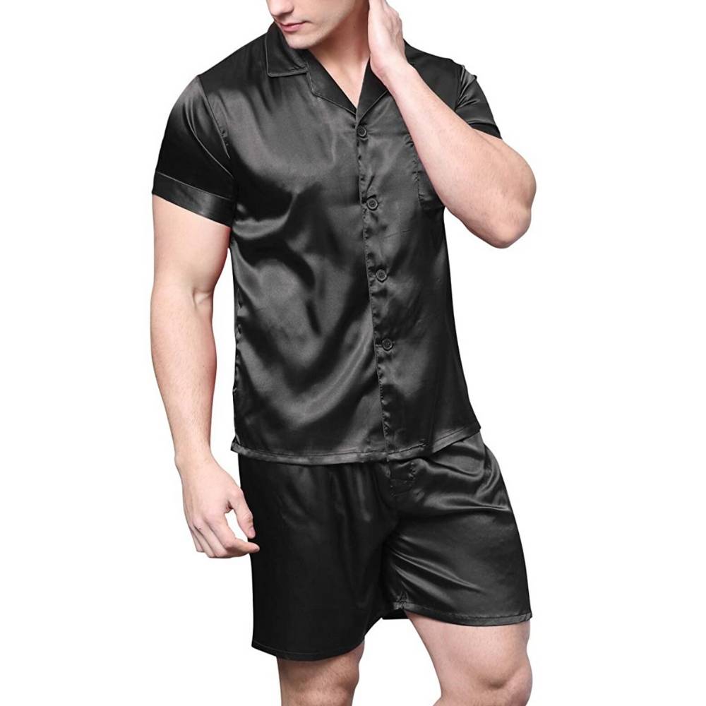 Mens Satin Pyjamas Set, Black, 2XL