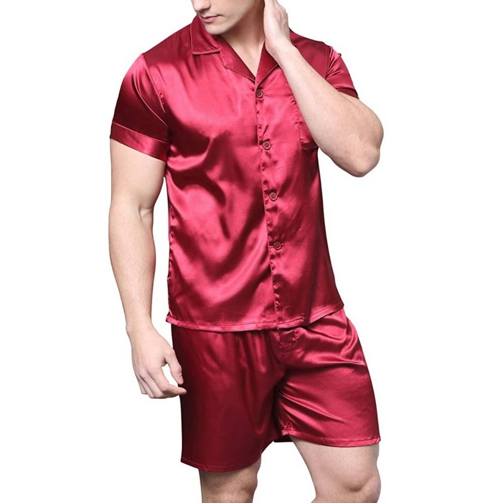 Mens Satin Pyjamas Set, Red, 2XL