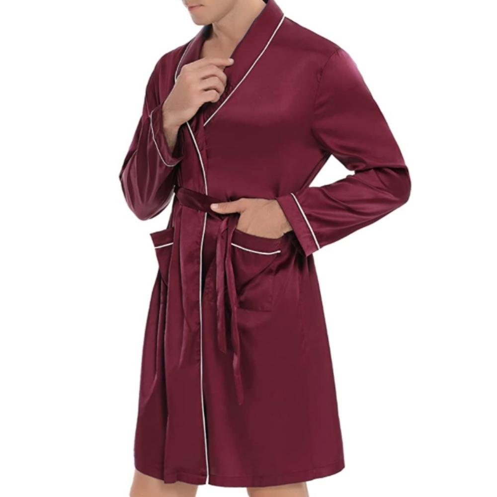 Mens Silky Satin Lounge Robe, Red, Large