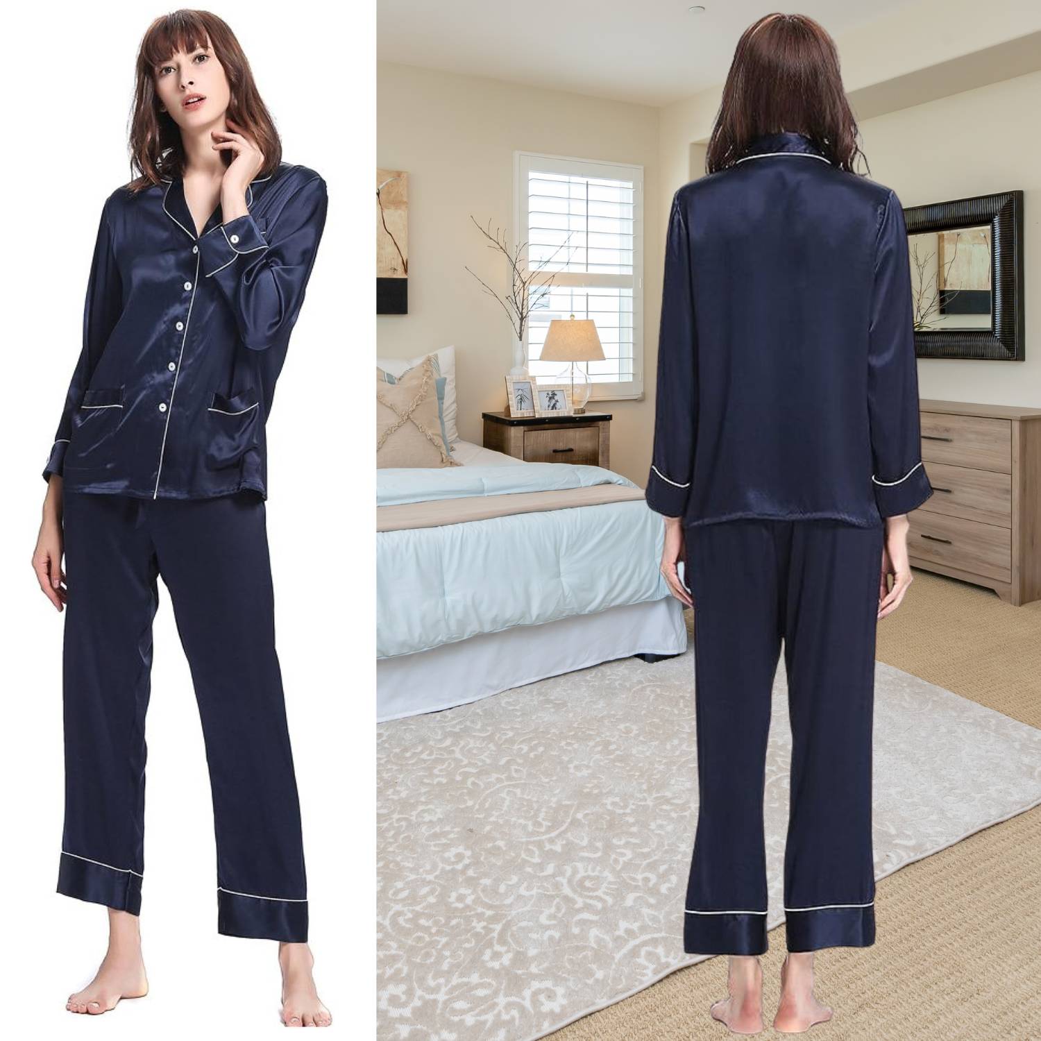 Mulberry Silk Long Pyjama Set, Blue, Large