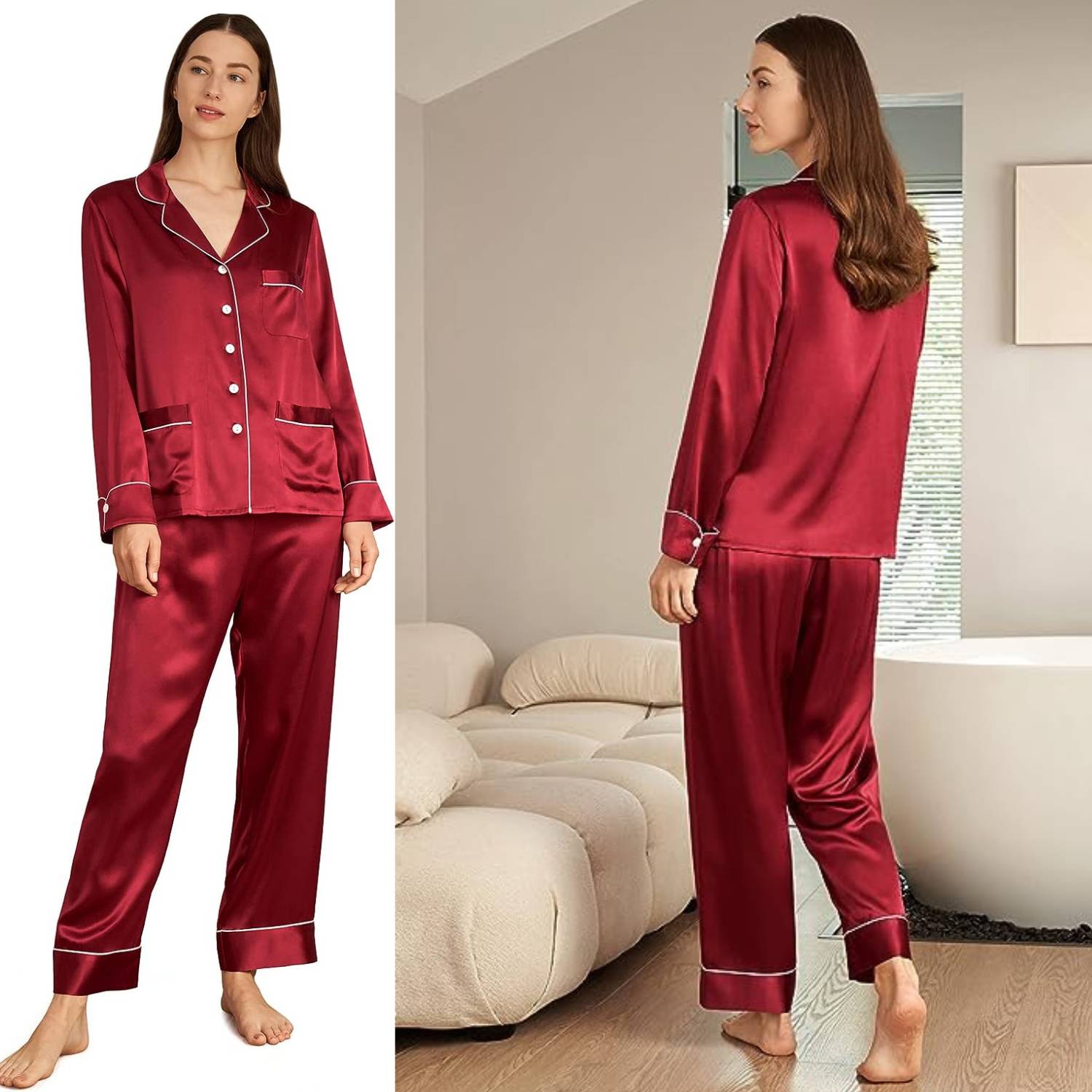 Mulberry Silk Long Pyjama Set, Red, Small