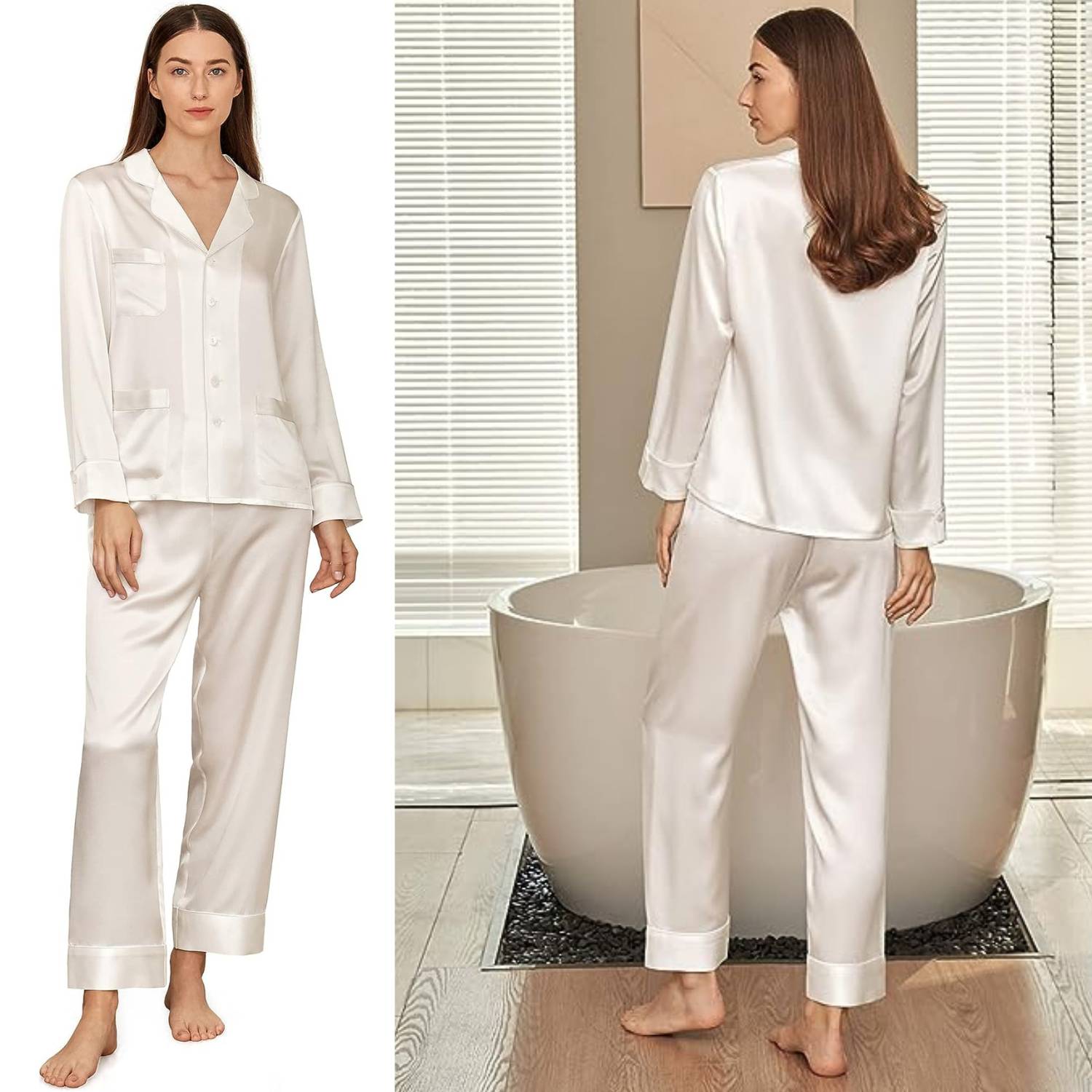 Mulberry Silk Long Pyjama Set, White, Small
