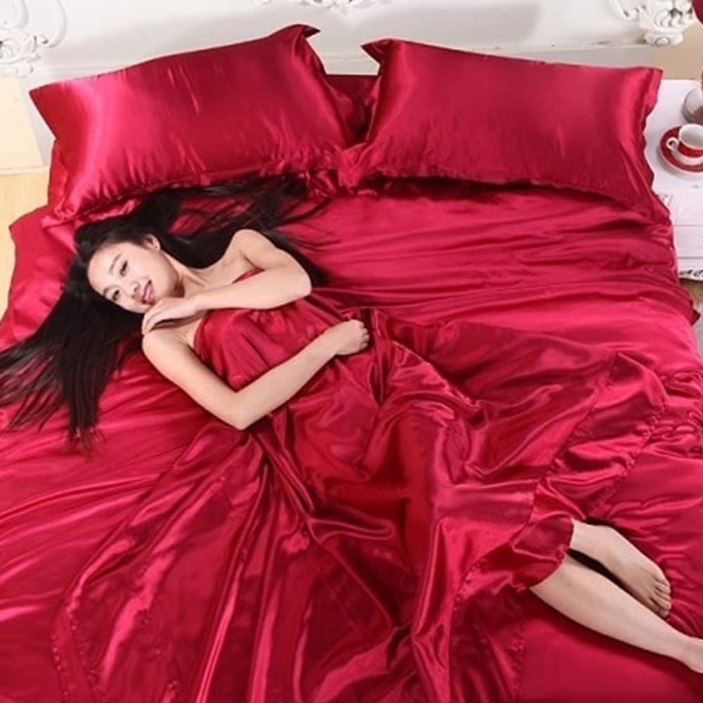 Satin Sheets, Red, Queen 6 Piece Set