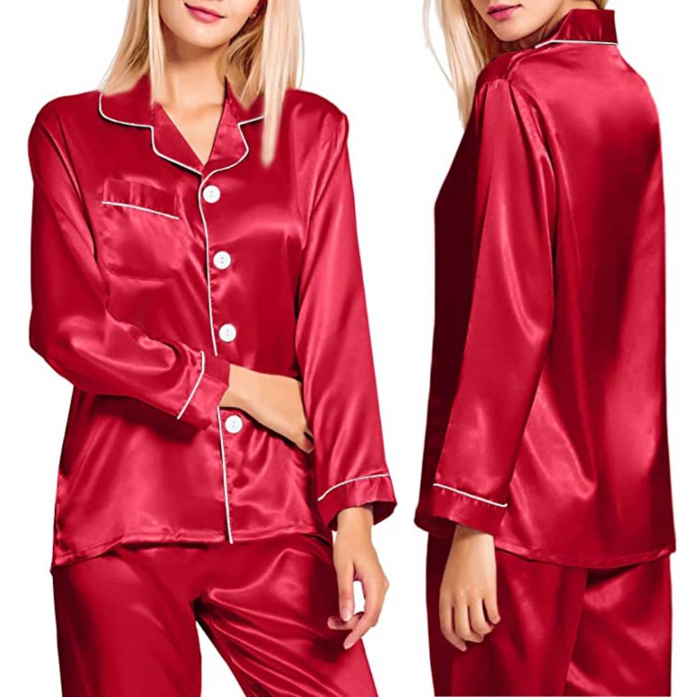 Satin Silk Long PJ Set, Red, 2XL