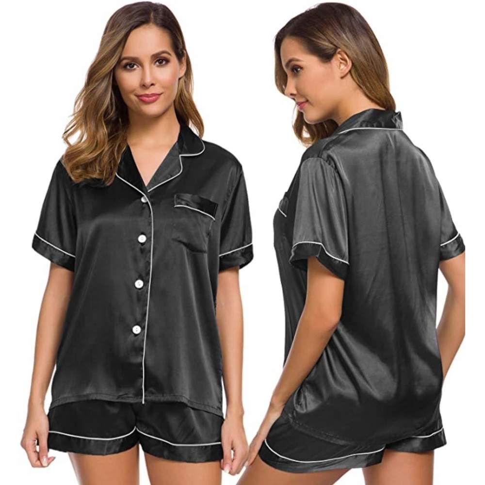 Womens Silk Satin Pyjamas, Black, 2XL